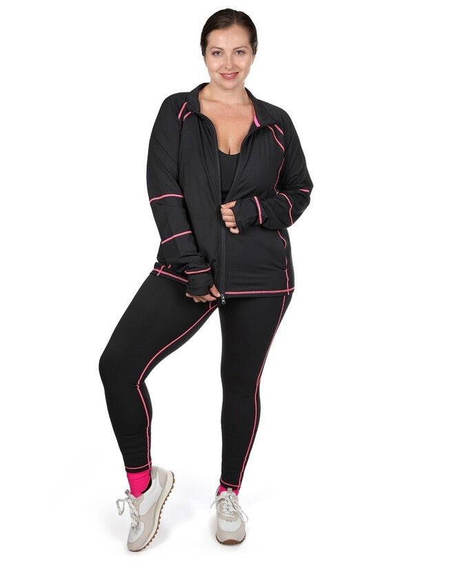 Solid Moisture Wicking Legging With Neon Stitching, Black / Black, alternate image number 1