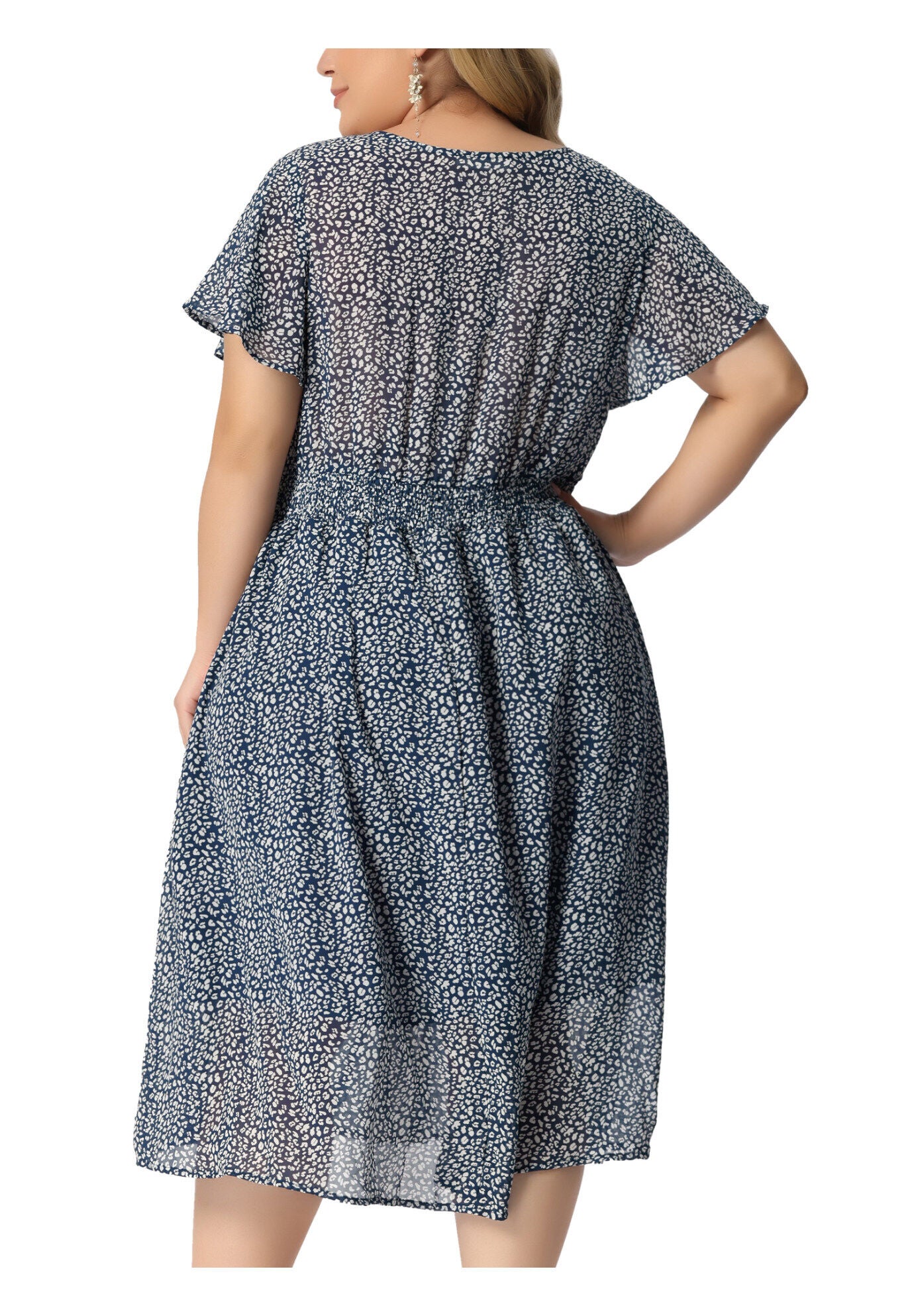 Summer Floral Print V Neck Smocked A-Line Flowy Midi Dress, Dark Blue / Navy, alternate image number 3