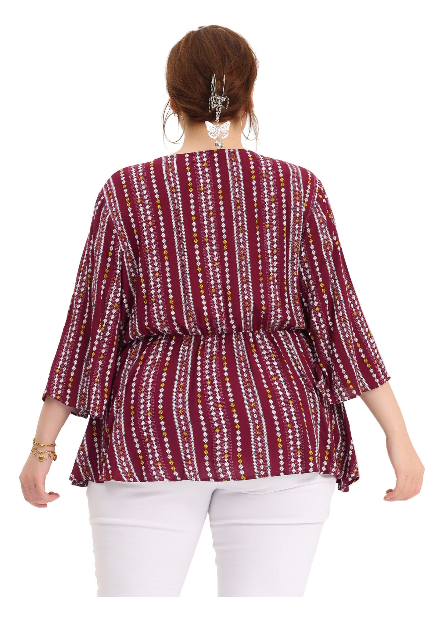 Boho Work V Neck Striped Peplum Top Blouse, Red / Red, alternate image number 3