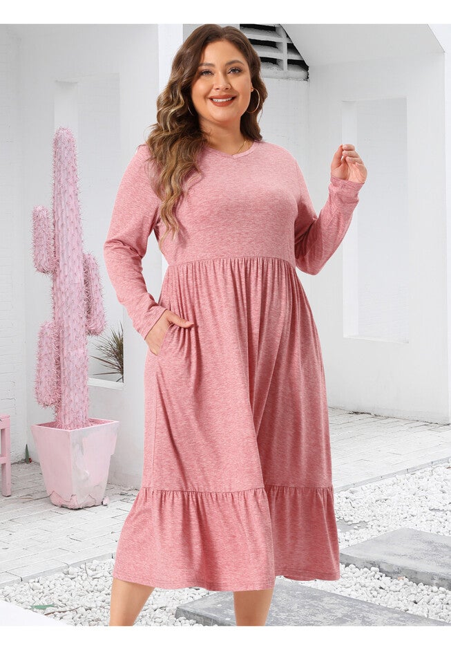 V Neck T Shirts Flowy Tiered A-Line Dress with Pockets, Pink / Pink, alternate image number null