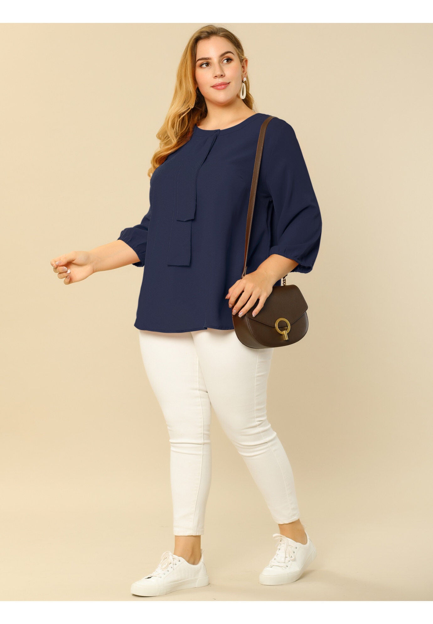Work Round Neck Ruffle Chiffon Blouse Top, Navy Blue / Navy, hi-res image number 0