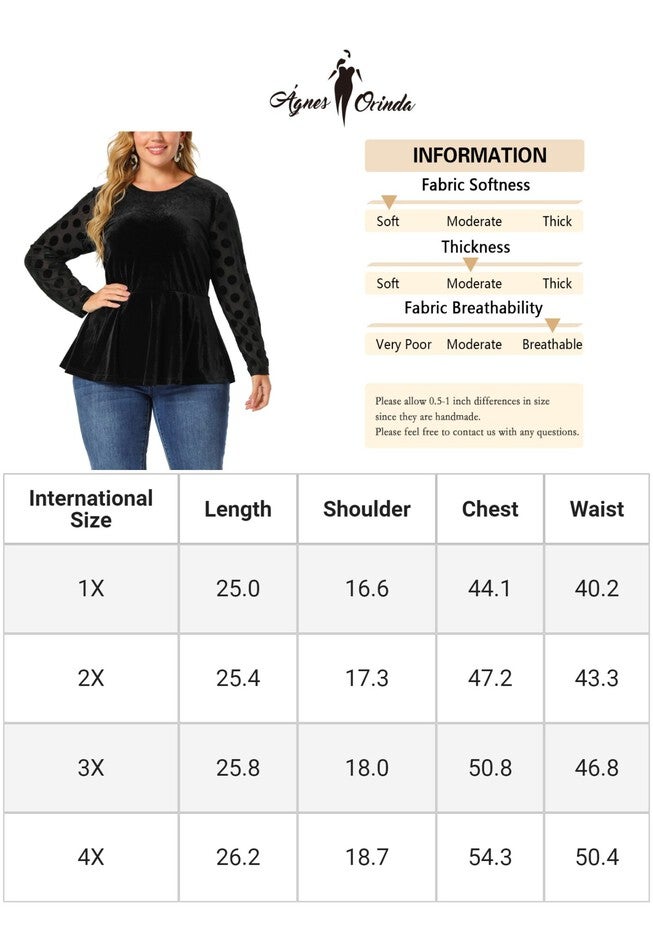 POLKA DOTS SHEER SLEEVE VELVET PEPLUM TOP, Black / Black, alternate image number null