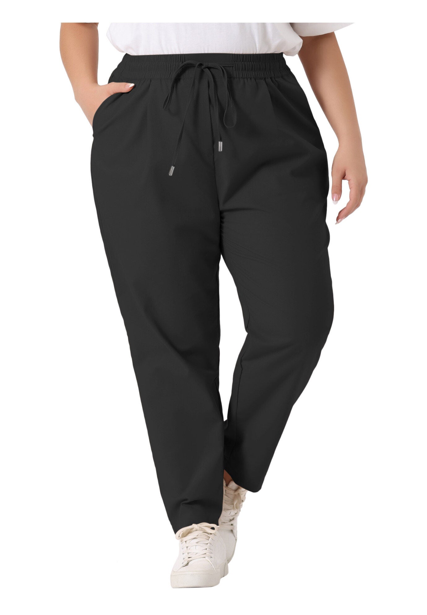 STRAIGHT LEG DRAWSTRING ELASTIC LOOSE TROUSERS, Black / Black, alternate image number 3