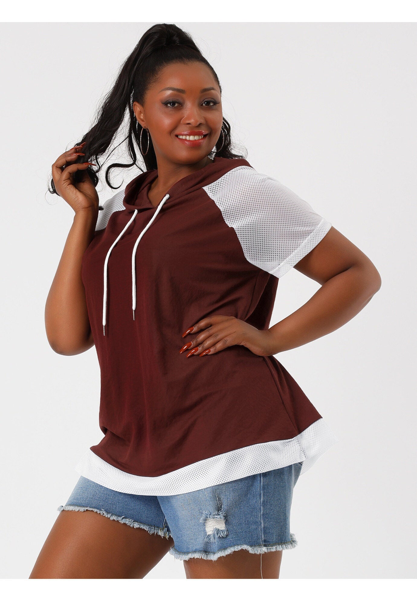 SHORT SLEEVES DRAWSTRING LOOSE RAGLAN HOODIE TOP, Burgundy / Red, alternate image number 1