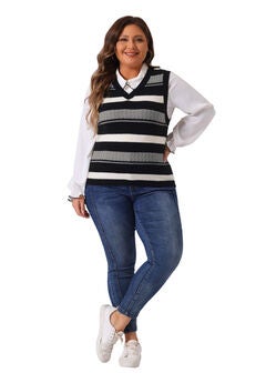 Sleeveless V Neck Striped Knit Casual Pullover Sweater Vest