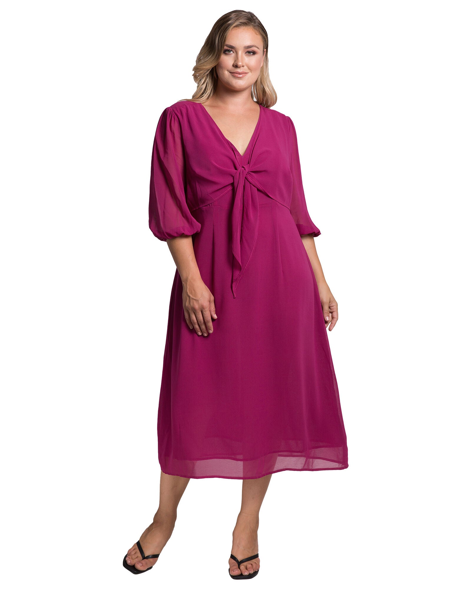 Standards & Practices Tie Front Puff Sleeves Midi Dress, PLUMPIE / Red, alternate image number 3
