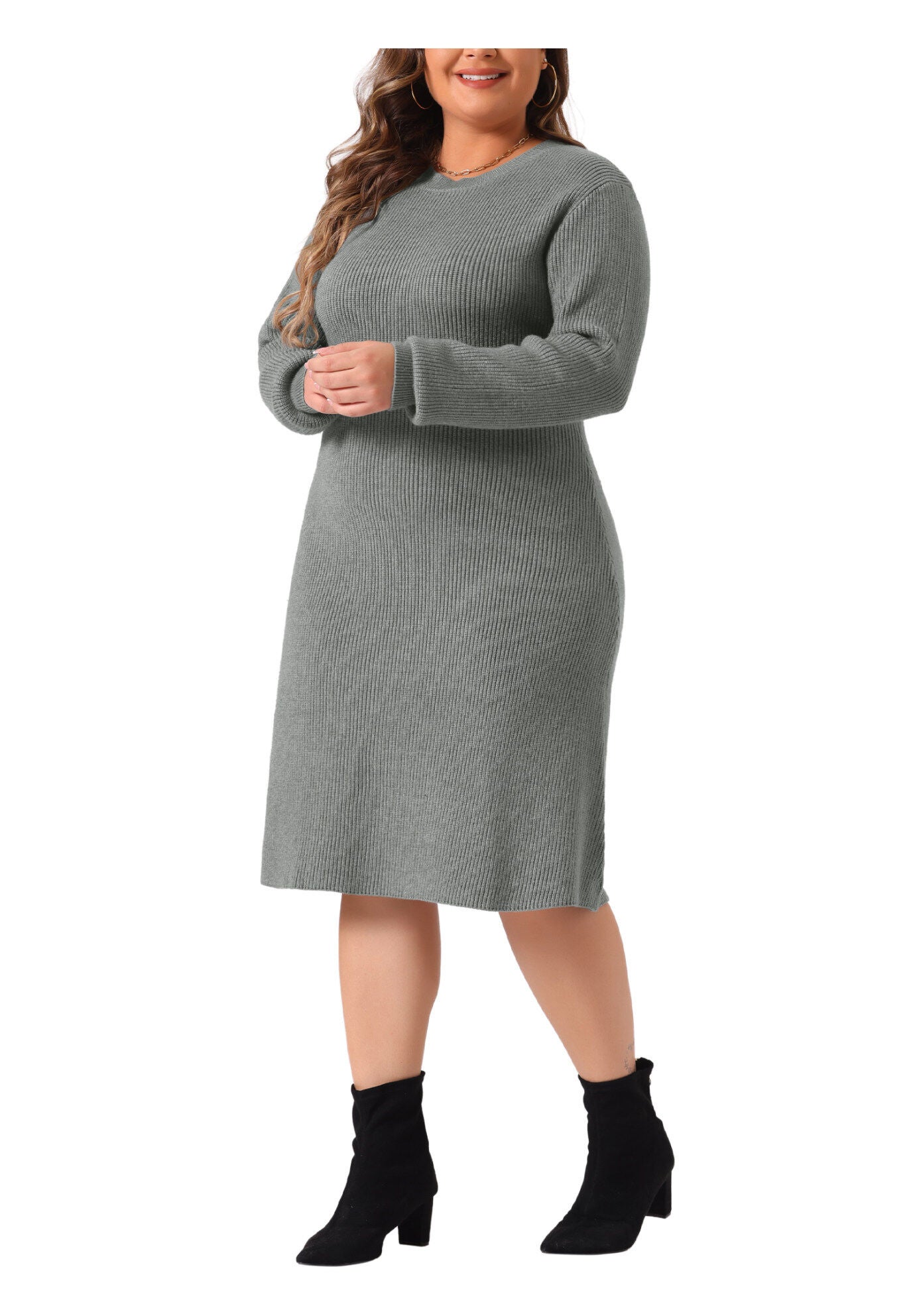 Crew Neck Long Sleeve Knit Pullover Sweater Dress, Gray / Cool Gray, alternate image number 2