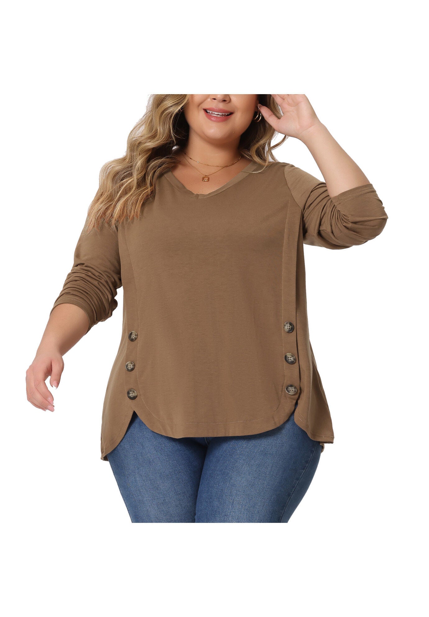 LONG SLEEVE TUNIC TOP V NECK LOOSE T SHIRT, Brown / Brown, alternate image number 1