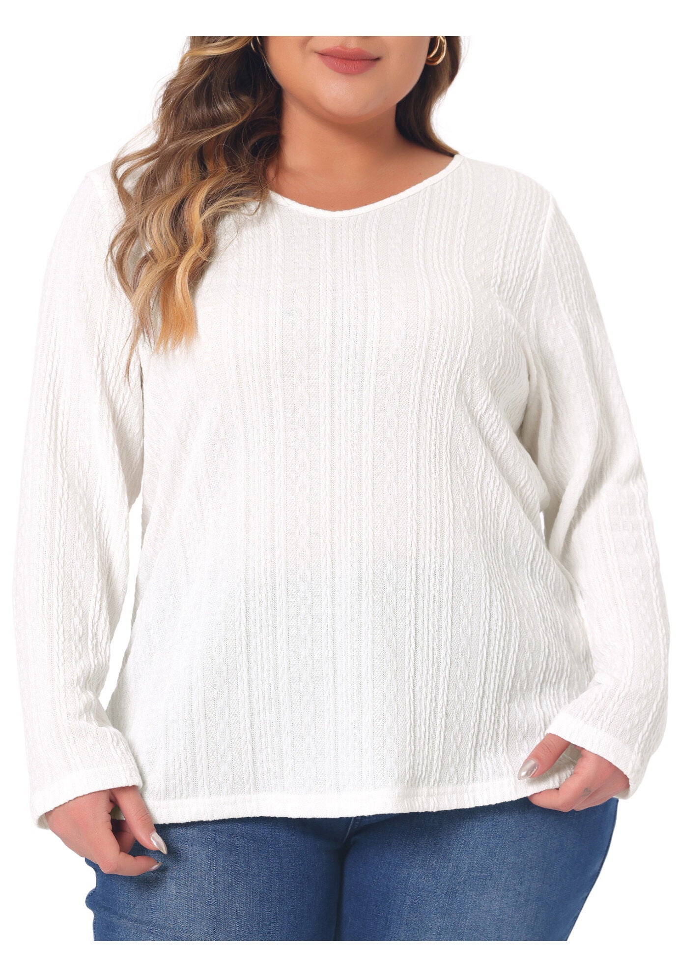 V Neck Long Sleeve Basic Knit Top Tee T-Shirt, White / White, alternate image number 2