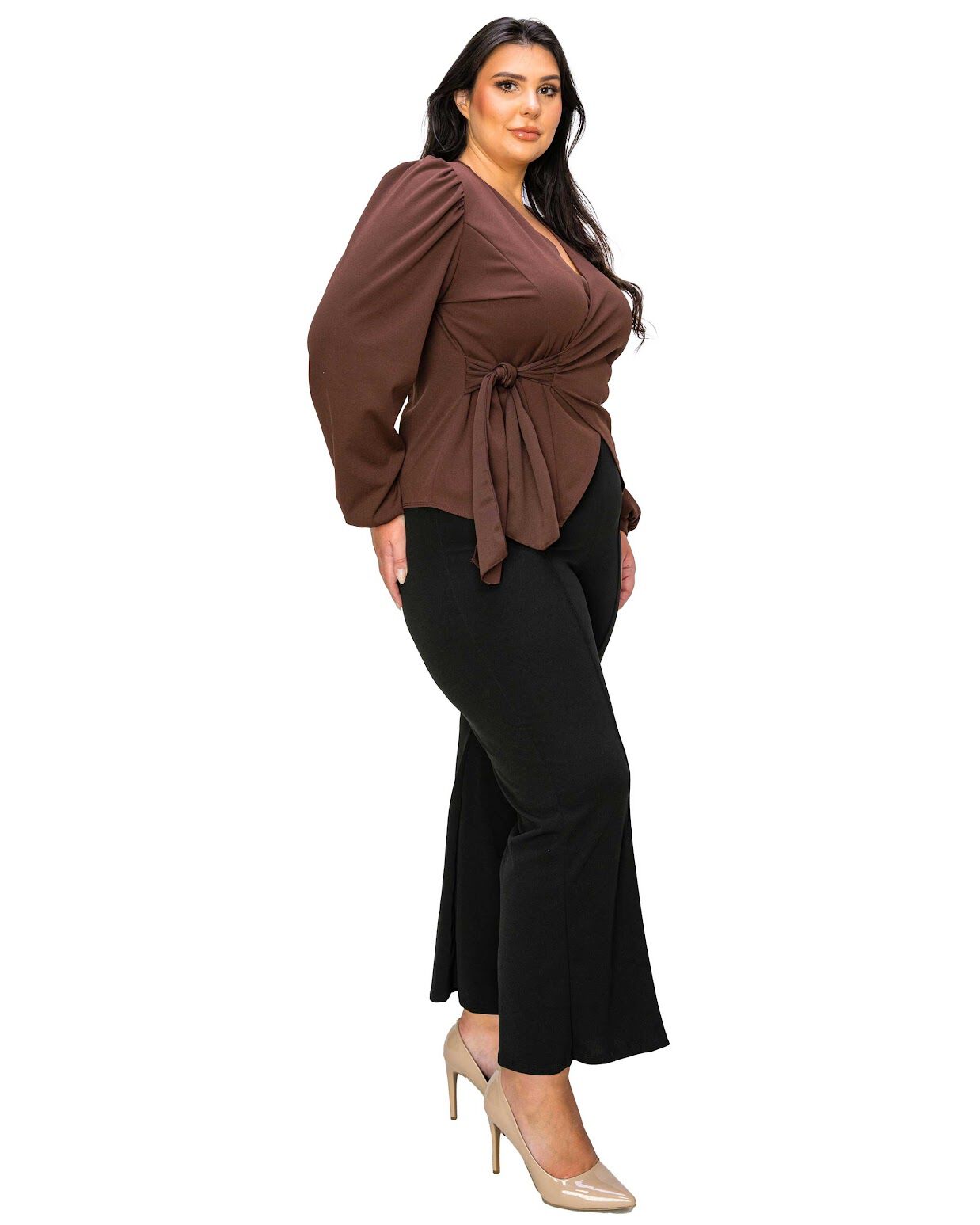YELENA CREPE WRAP TOP, Lt Brown / Brown, alternate image number 1