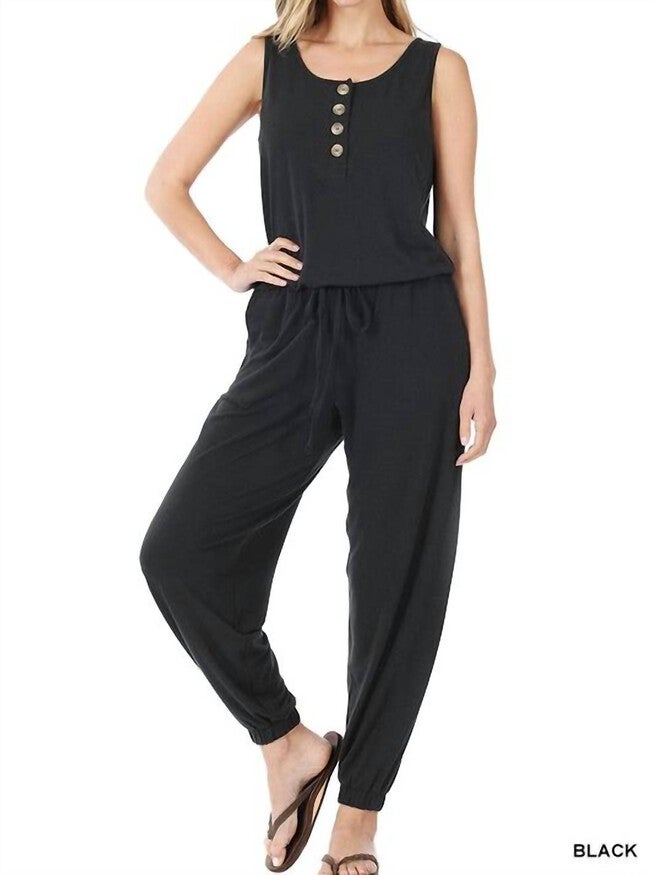 SLEEVELESS JOGGER JUMPSUIT, Black / Black, hi-res image number null