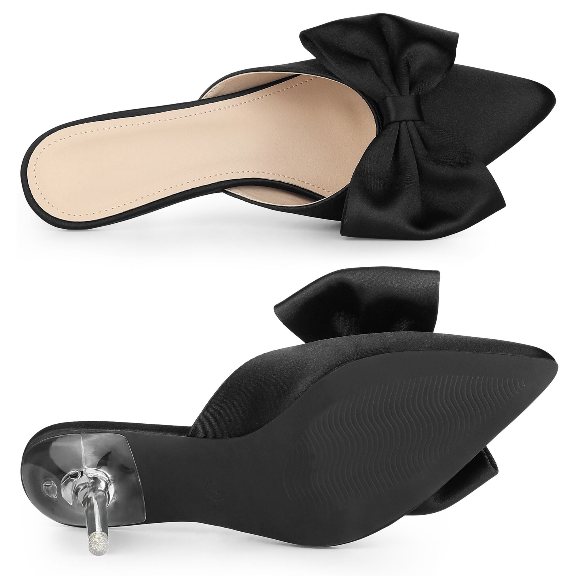 Bowknot Satin Pointed Toe Stiletto Heel Slip on Mules, Black / Black, alternate image number 3
