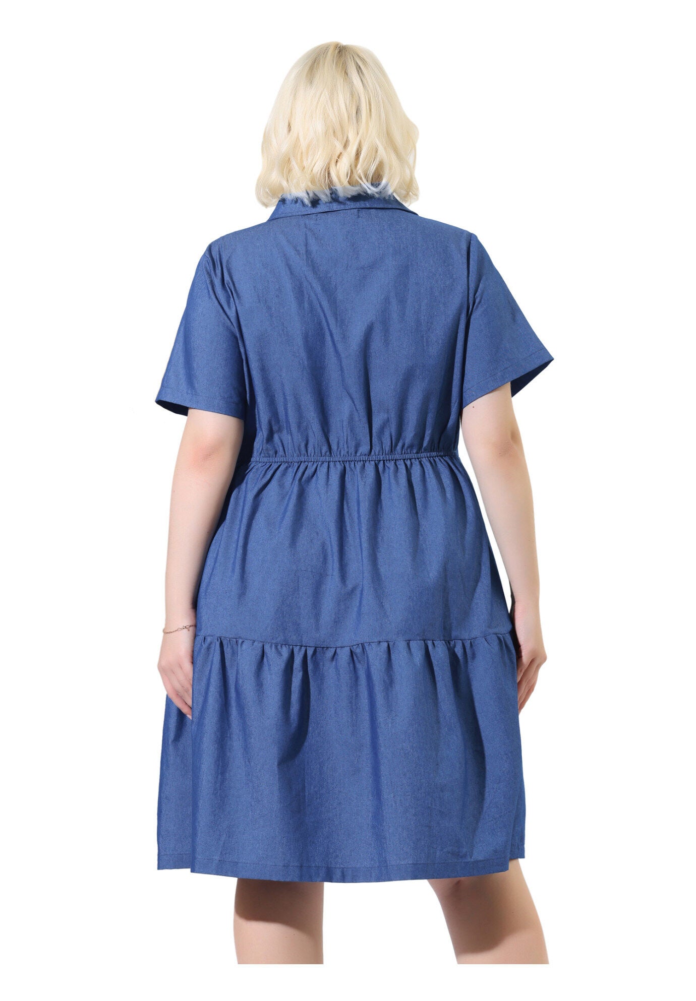 Short Sleeve Button Down Flowy Tiered Shirt Chambray Dress, Light Blue / Light Blue, alternate image number 3