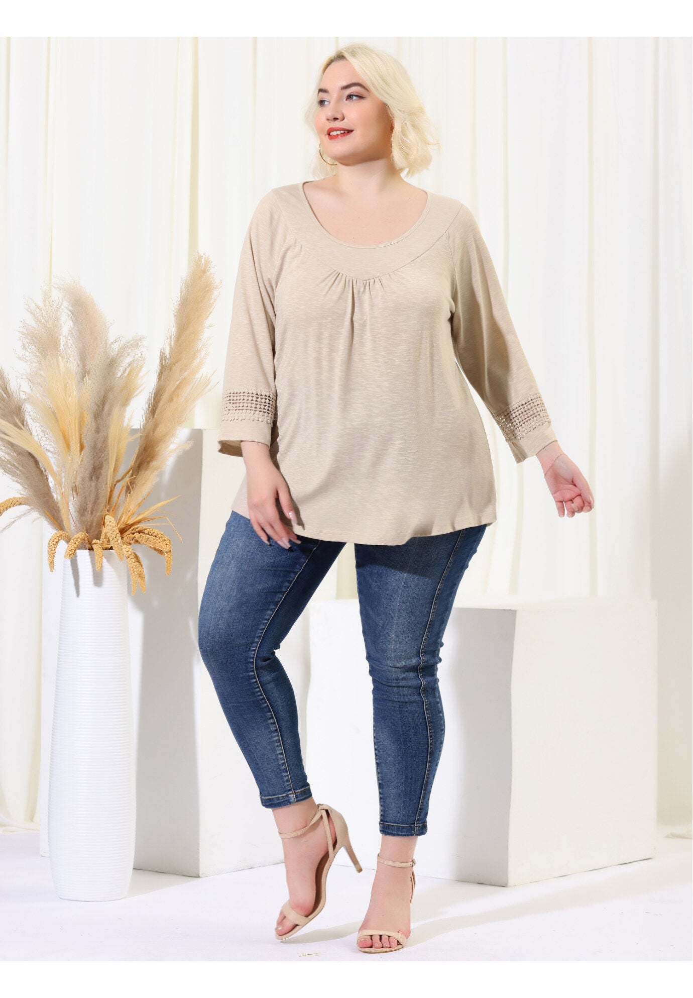 CROCHET PANEL HOLLOW OUT PLEATED TUNICS BLOUSE TOP, Apricot / Beige, hi-res image number 0