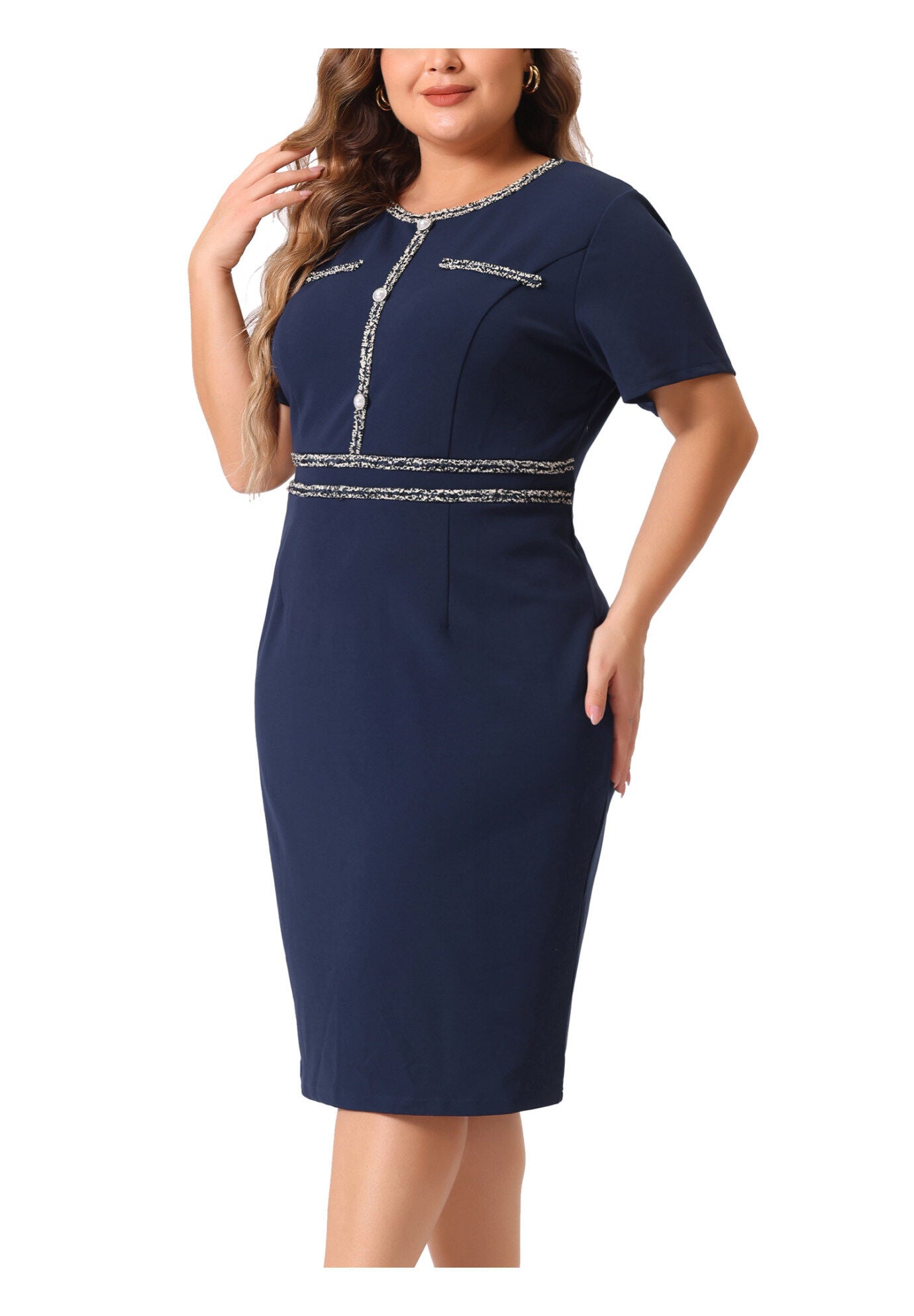 Button Crew Neck Bodycon Pencil Dress, Navy Blue / Black, alternate image number 1