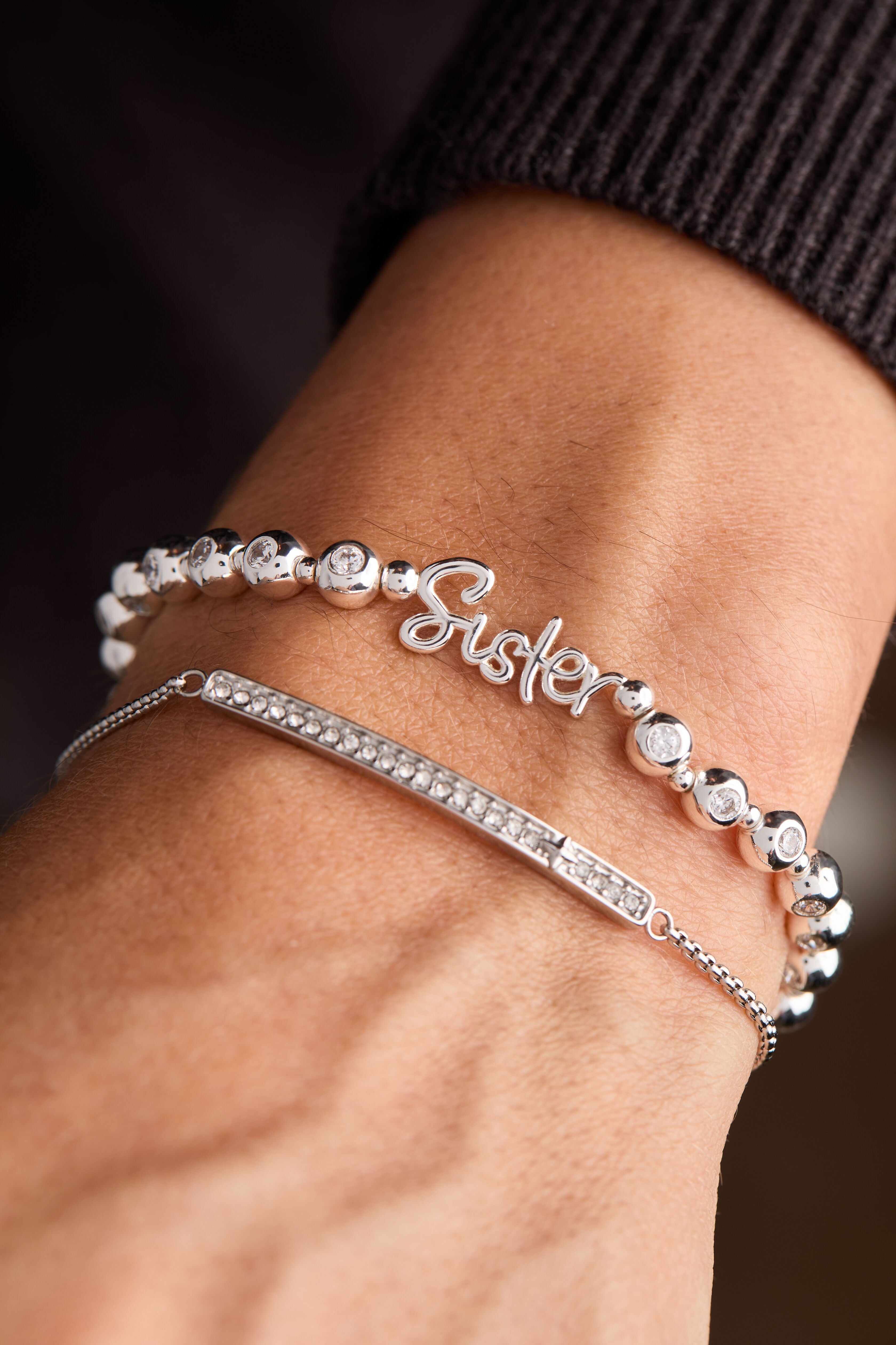 Sister Elongated Crystal Stretch Bracelet, Silver / Silver, alternate image number 2