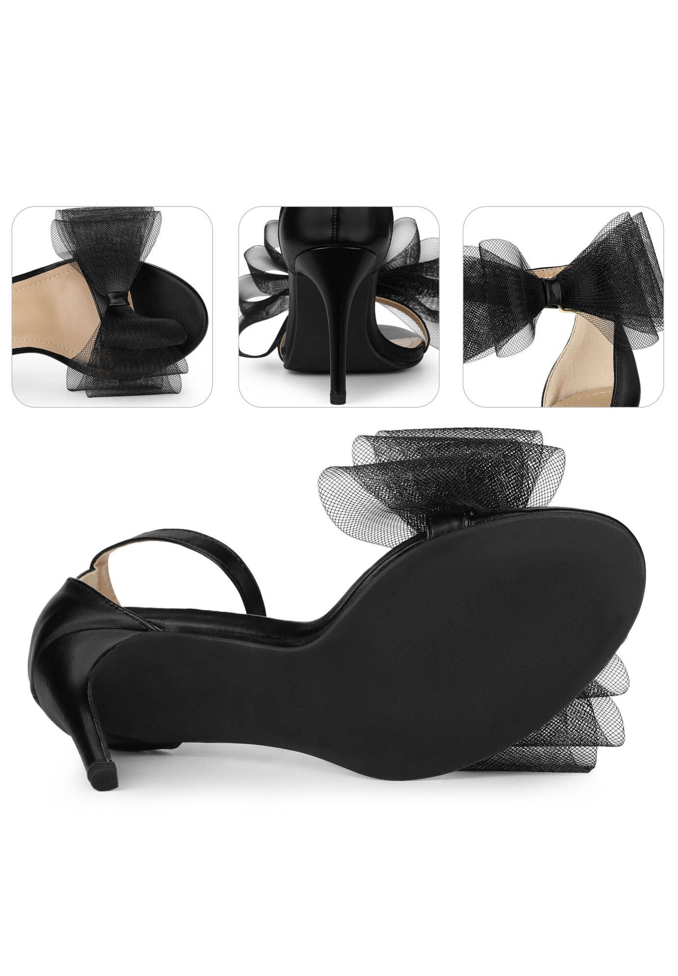 Open Toe Bow Tie Stiletto Heel Sandals, Black / Black, alternate image number 2