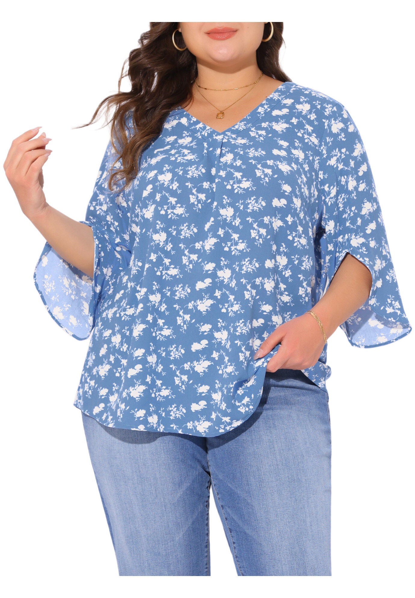 3/4 Sleeve V Neck Chiffon Shirt Tunic Top, Blue / Cornflower Blue, alternate image number 2