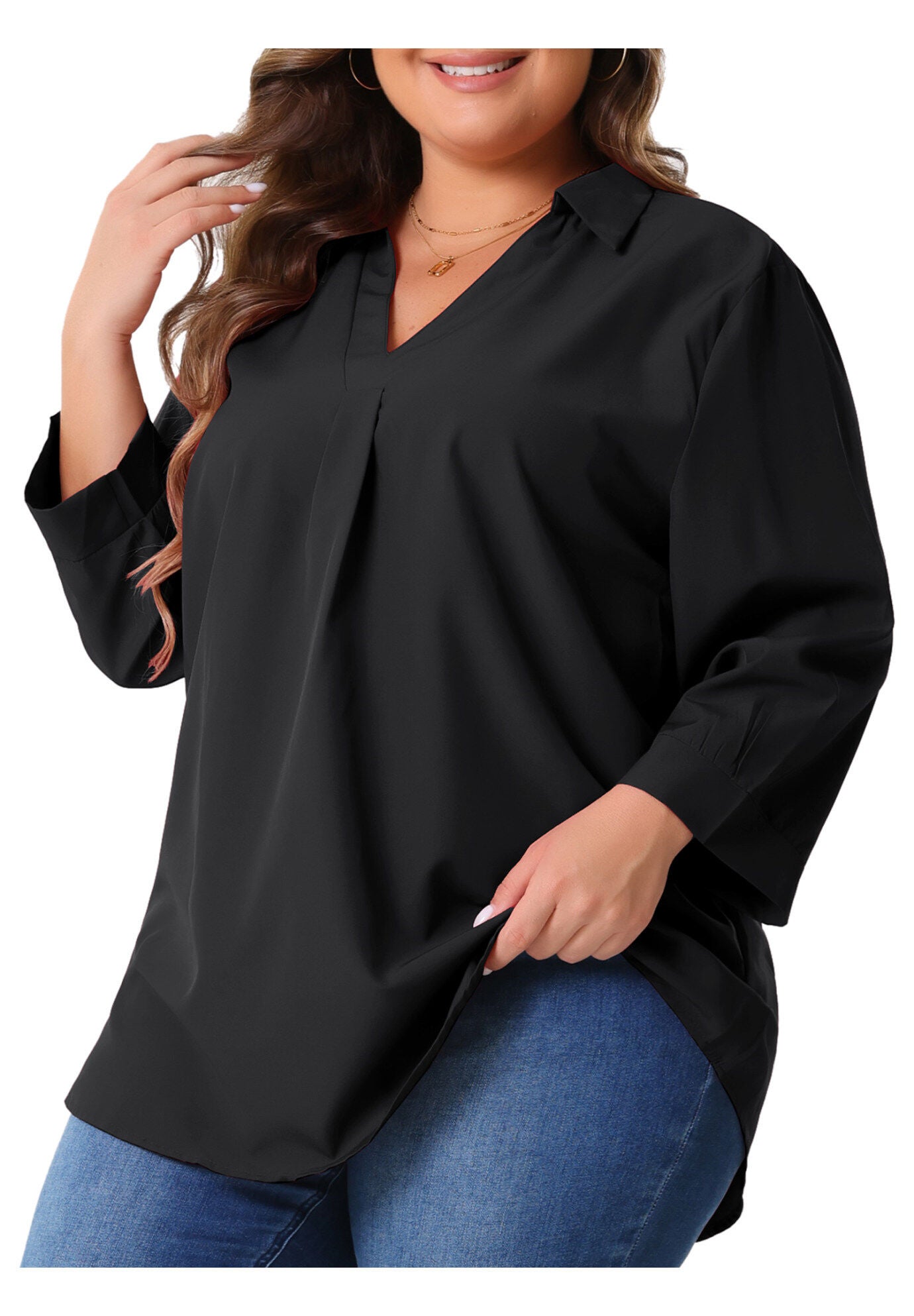 V Neck 3/4 Sleeve Flowy Blouse Work Chiffon Shirt, Black / Black, alternate image number 1