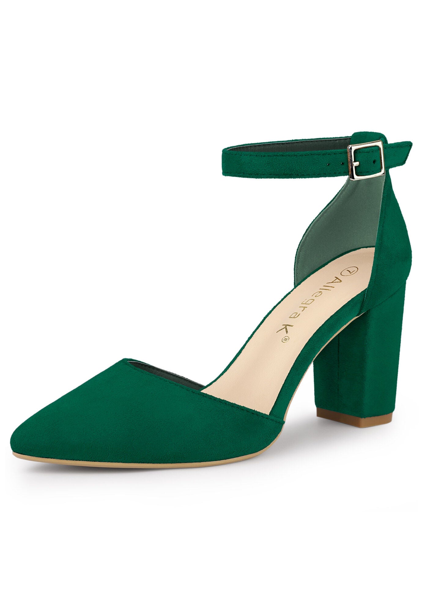 Ankle Strap Pointed Toe Block Heels Pumps, Dark Green / Forest Green, hi-res image number 0