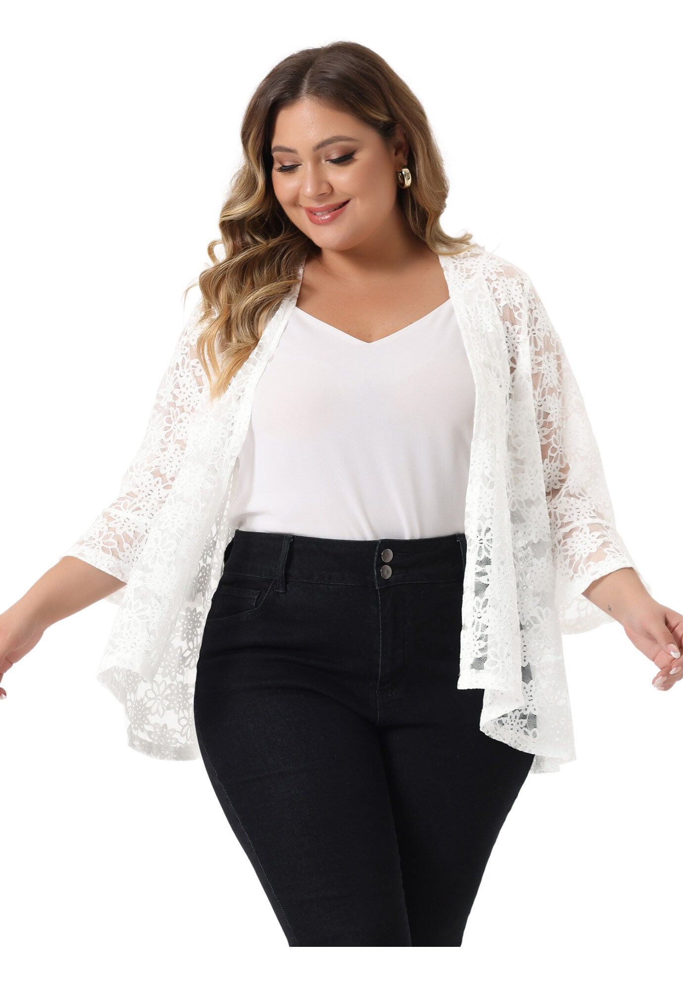 OPEN FRONT 3/4 BELL SLEEVE SHEER LIGHTWEIGHT LACE COVER UP CARDIGAN, White / White, alternate image number 1