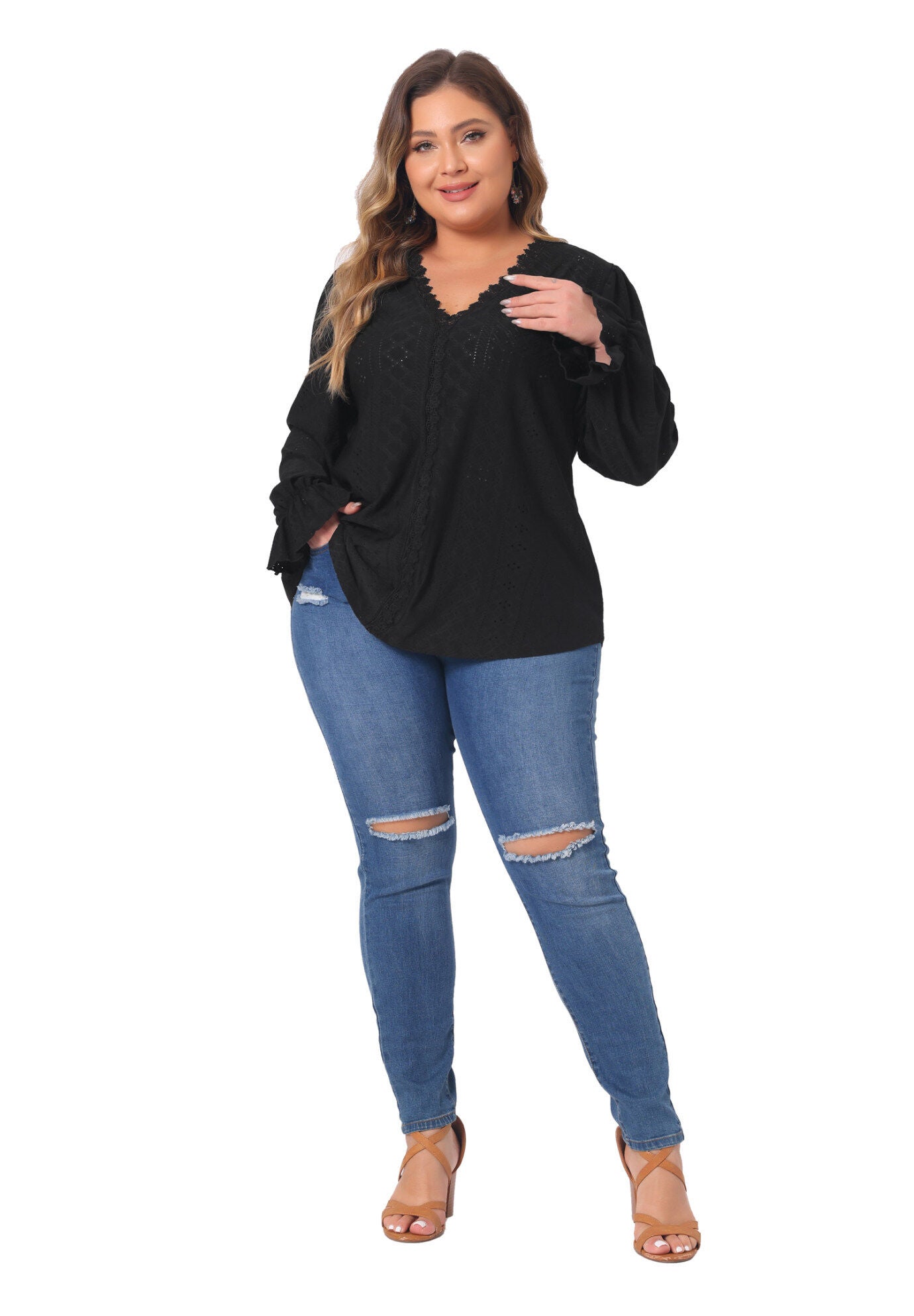 V Neck Ruffle Eyelet Lace Crochet Hollow Blouse, Black / Black, hi-res image number 0