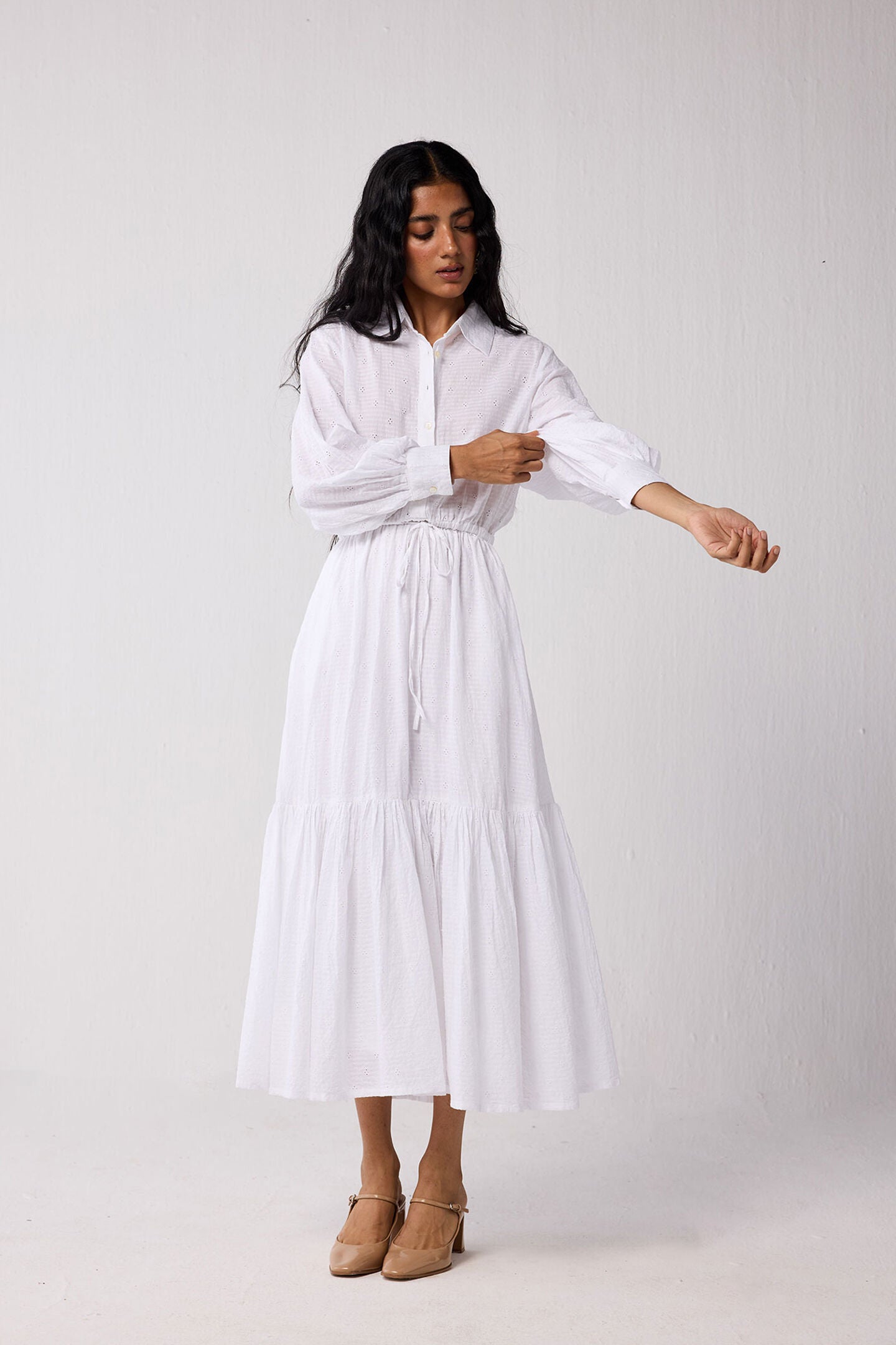 Embroidered Flowy Maxi Tiered Dress in White, Textured Eyelet in White / White, alternate image number 6