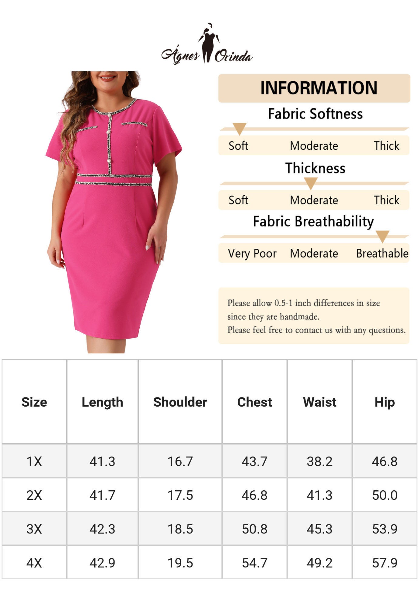 Button Crew Neck Bodycon Pencil Dress, Hot Pink / Black, alternate image number 4