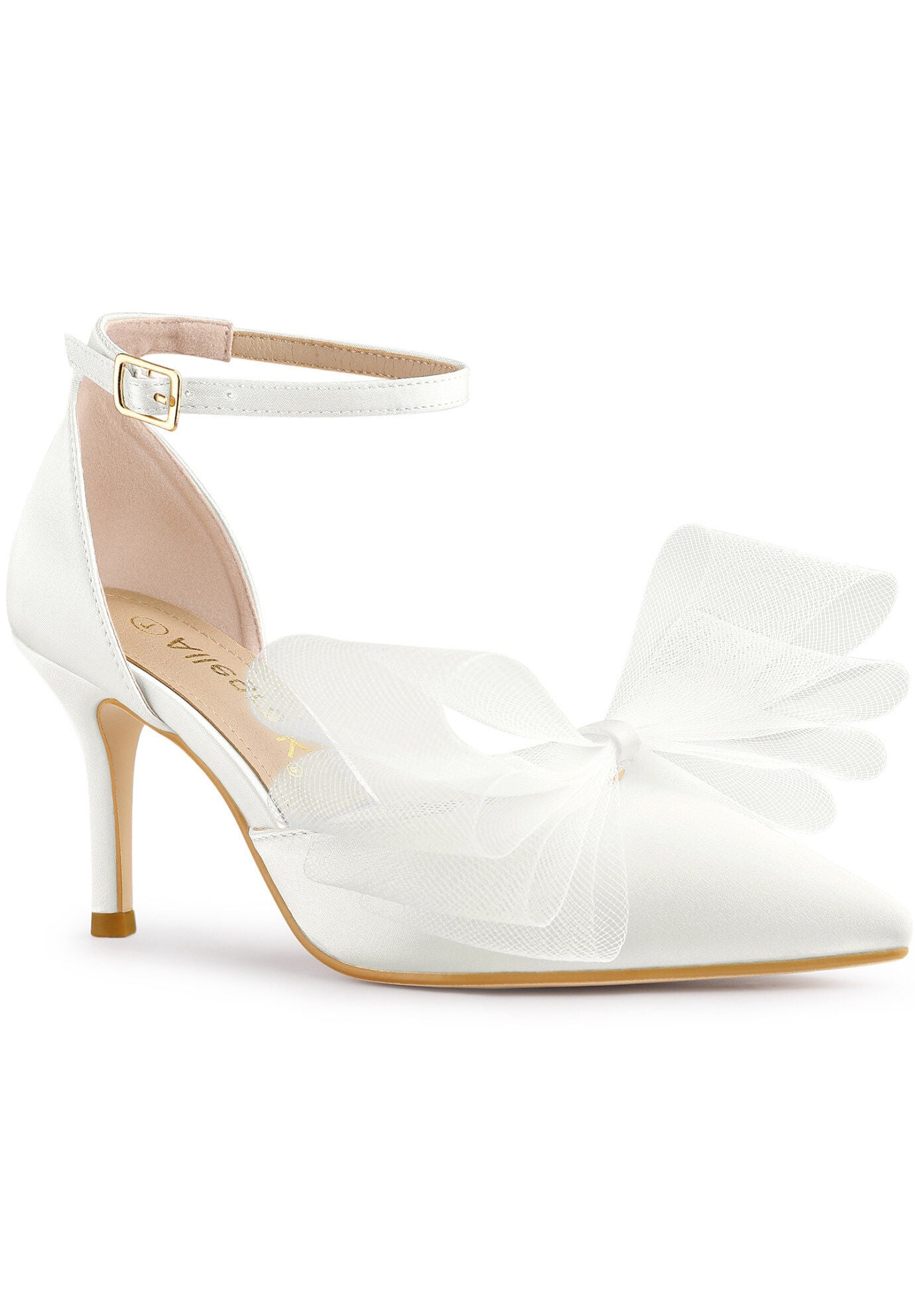 Bow Tie Ankle Strap Stiletto High Heels Wedding Pumps, White / White, hi-res image number 0