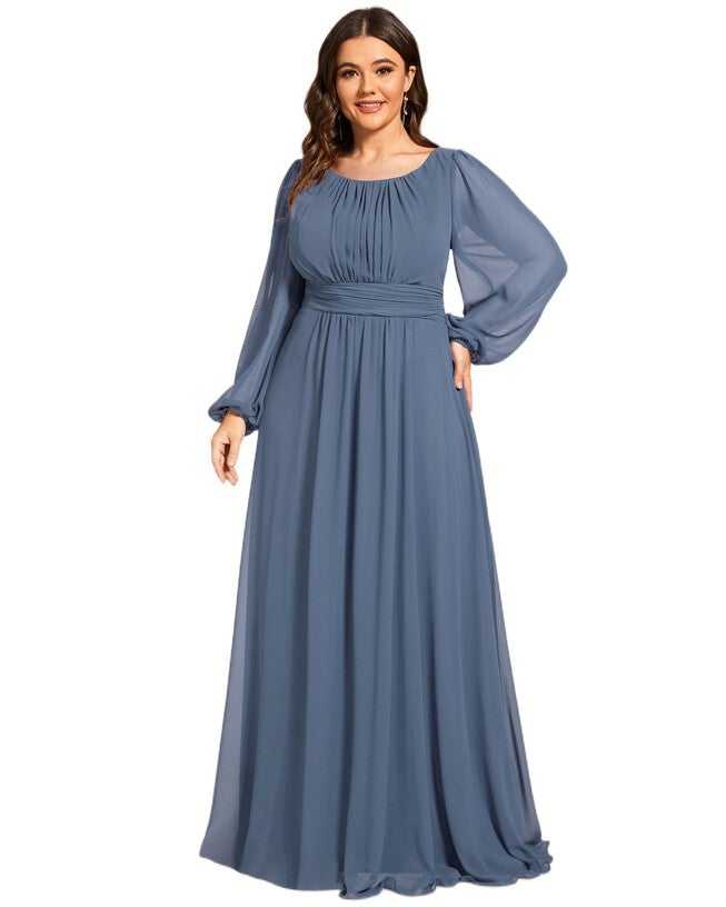 Chiffon High Empire Waist Puff Sleeve Mother Dress, Dusty Navy / Dusty Blue, alternate image number null