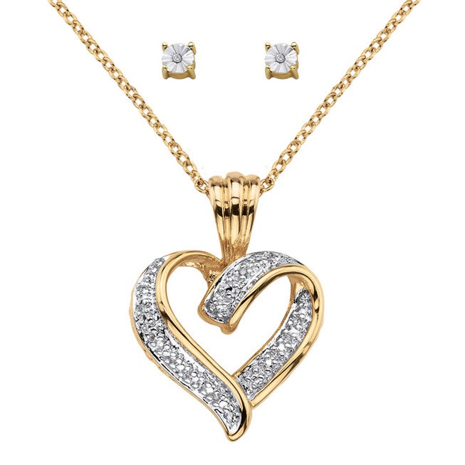 Diamond Accent Gold-Plated Gift Boxed Earring and Heart Necklace Set 18 inches-19 inches, , alternate image number null