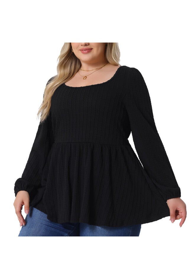 Scoop Neck Long Sleeve Ruffle Hem Peplum Knit Blouse, Black / Black, alternate image number null