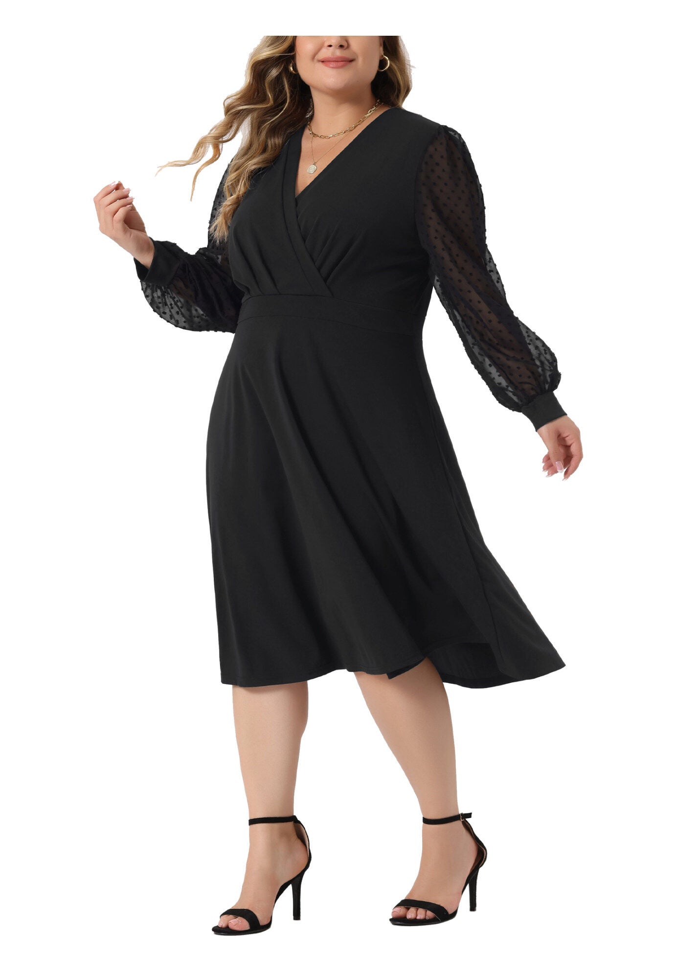 Long Sleeve Swiss Dots Formal Knee Length Dress, Black / Black, alternate image number 1