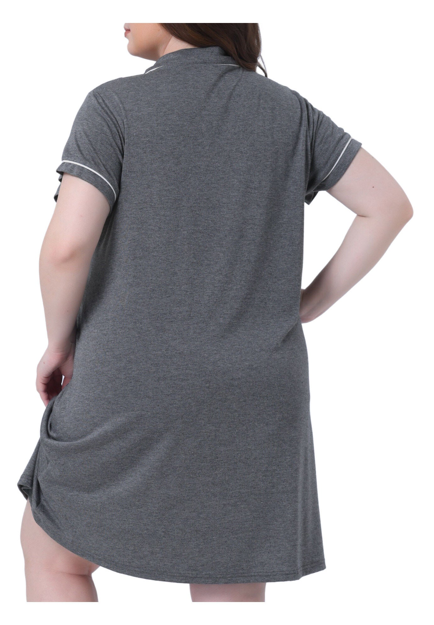 Short Sleeves Pajama Button Down Nightshirt, Dark Gray / Charcoal Grey, alternate image number 3