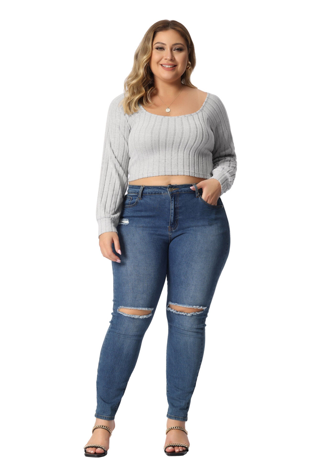 Square Neck Long Sleeve Slim Fitted T-Shirt Crop Tee Top, Gray / Light Green, hi-res image number 0