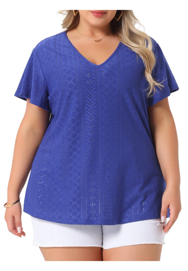Summer Tee V Neck Hollow Flare Short Sleeve Casual Top Tunic, Royal Blue / Royal Blue, alternate image number 1