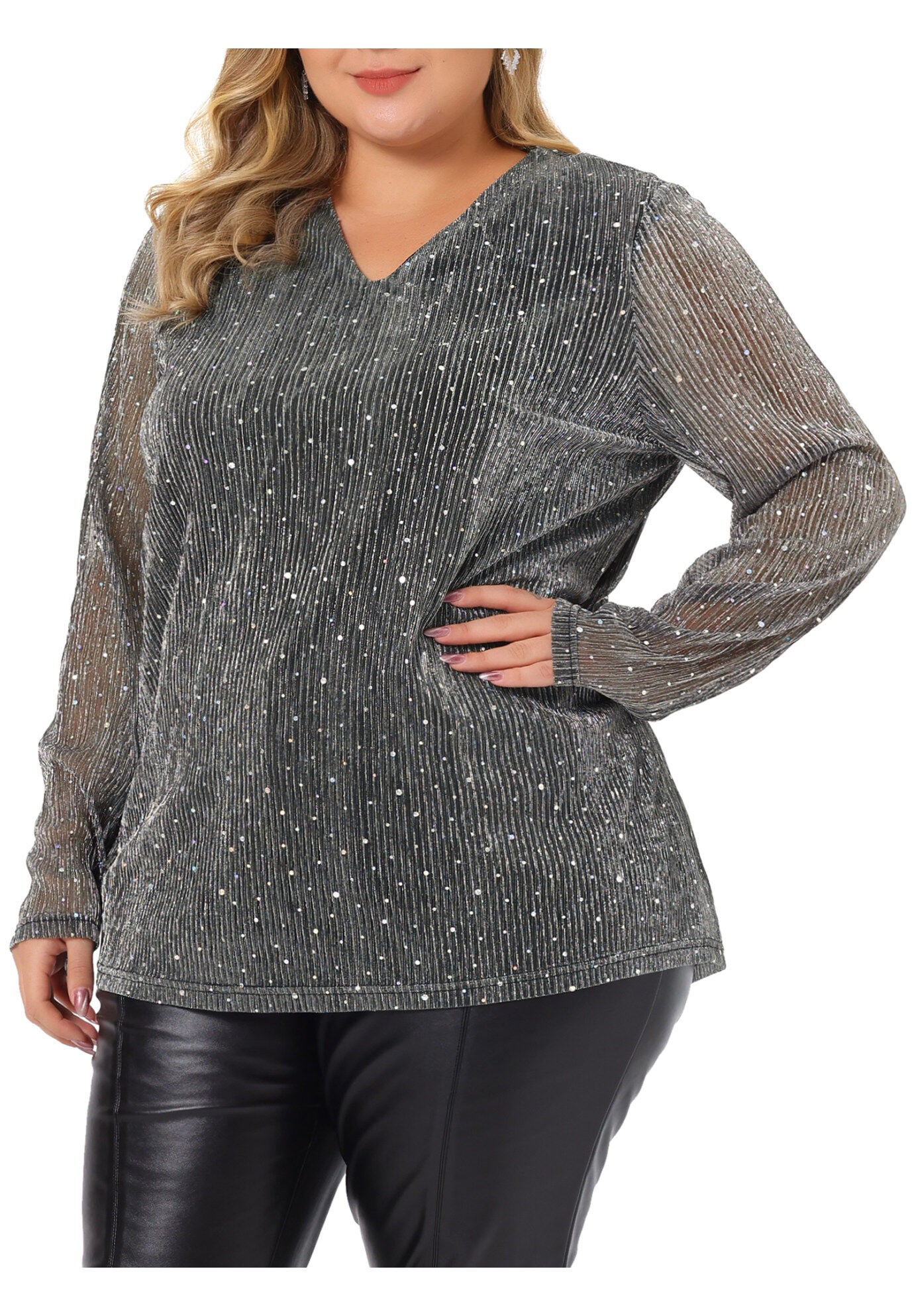 LONG SLEEVE GLITTER SPARKLE TOP, Silver / Silver, alternate image number 2