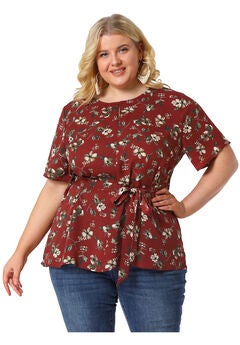 Tie Waist Floral Print Blouse Peplum Summer Top