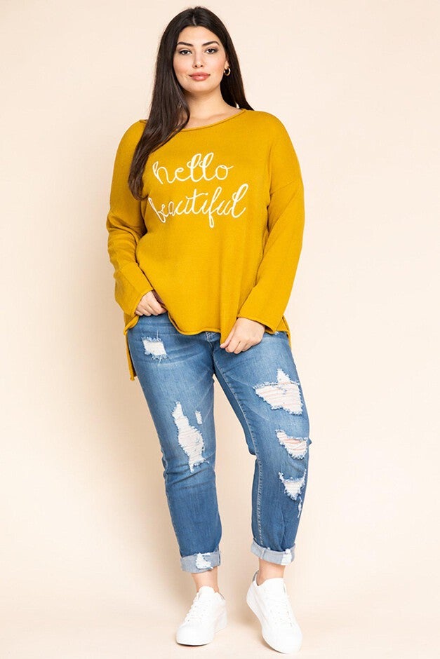Bonnie 'Hello Beautiful' Embroidered Sweater, Mustard / Mustard, alternate image number null