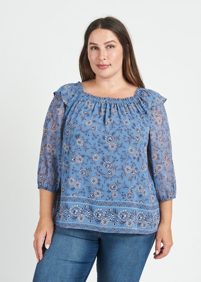 Aila Smocked Top with Ruffles, M409 Blue / Navy, alternate image number null