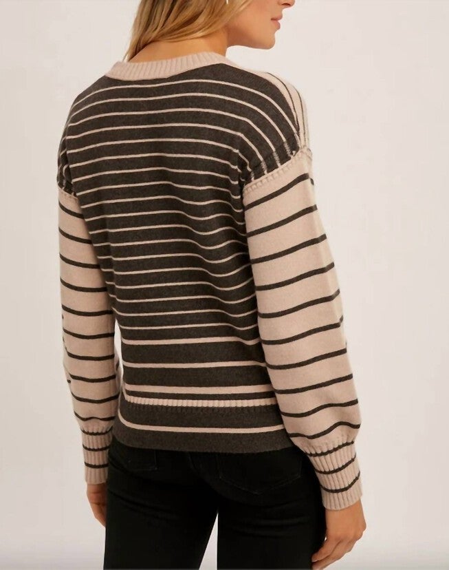 STRIPED SHORT SWEATER IN MAUVE/BROWN, MauveBrown / Brown, hi-res image number 0