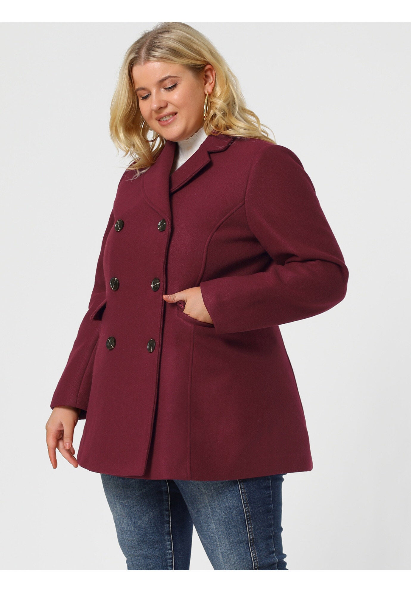 NOTCHED LAPEL DOUBLE BREASTED COAT, Burgundy / Red, alternate image number 3