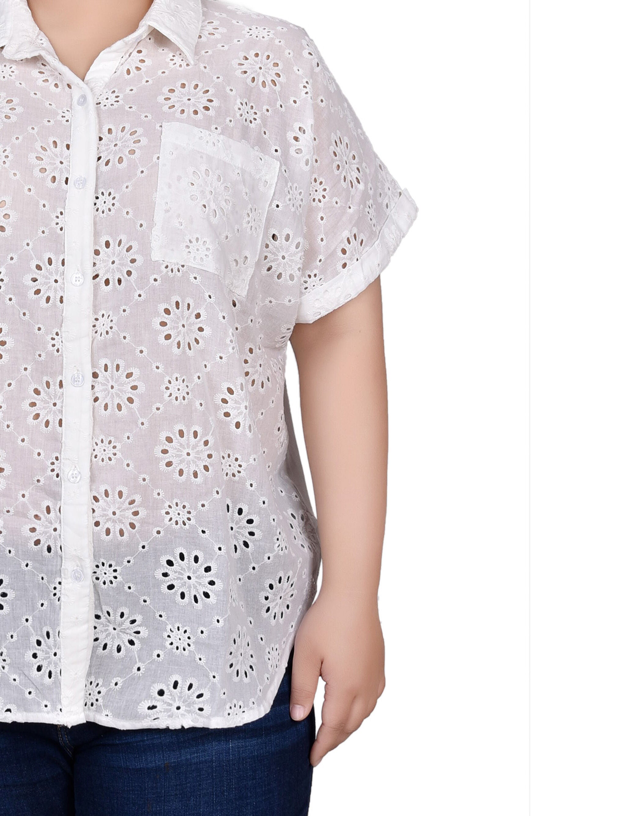 Short Sleeve Eyelet/Jersey Blouse, , alternate image number 5