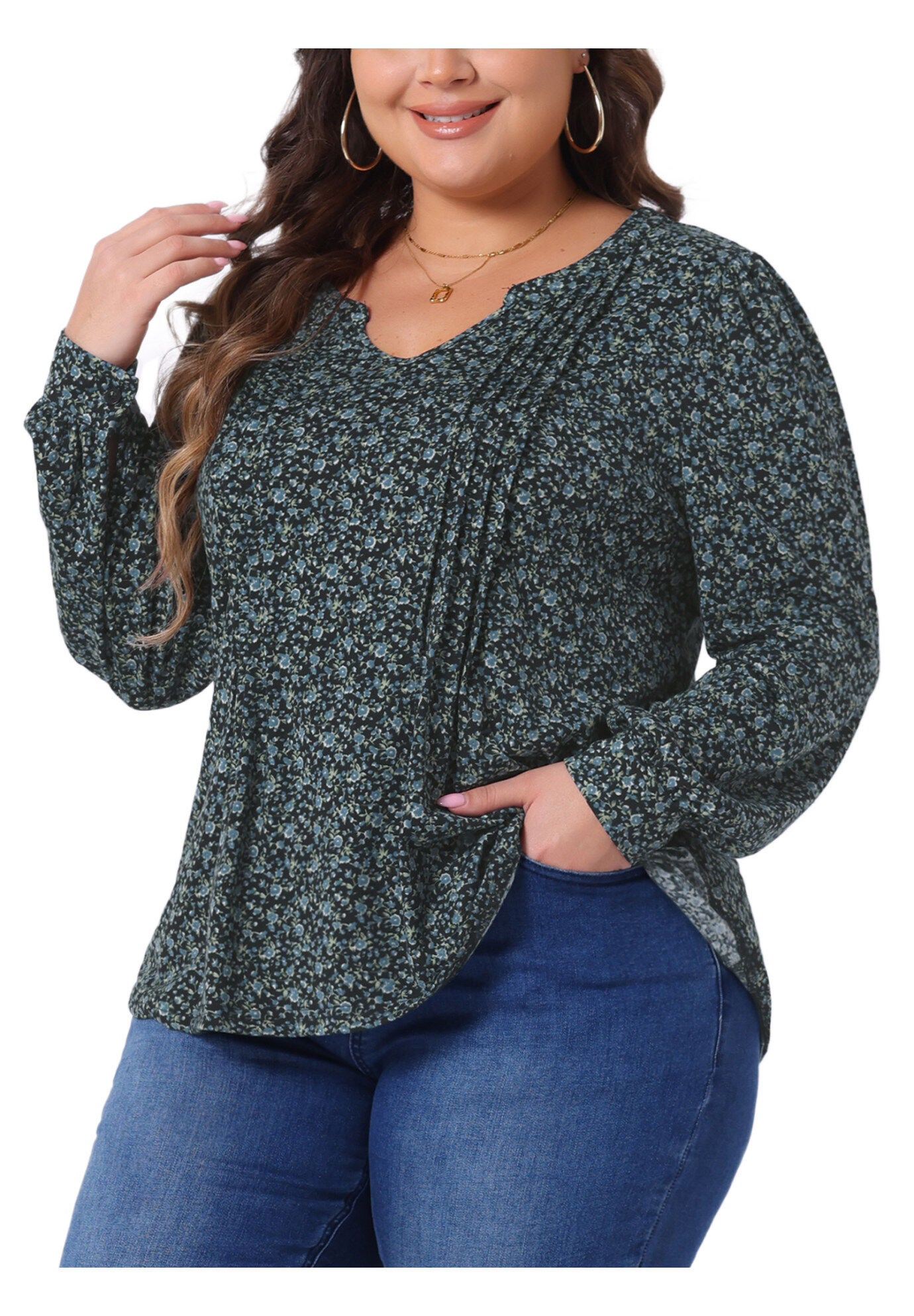 Long Sleeve Pleated Notch V Neck Floral Tunic Blouse, Black Blue / Navy, alternate image number 2