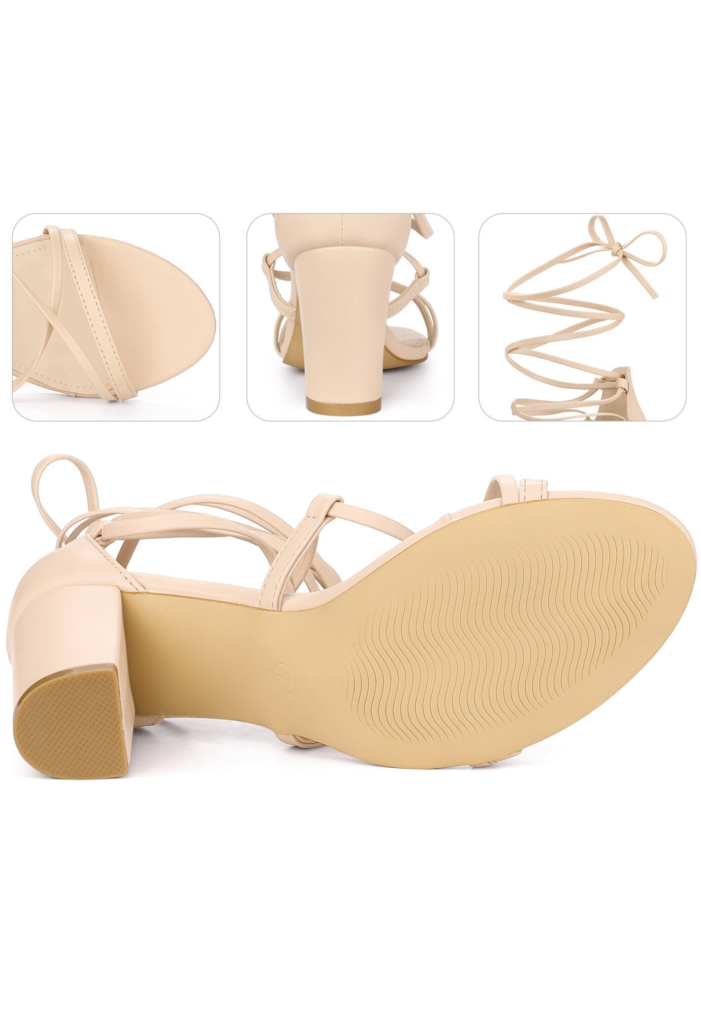 Strappy Strap Lace Up Chunky Heel Sandals, Beige / Beige, alternate image number 2
