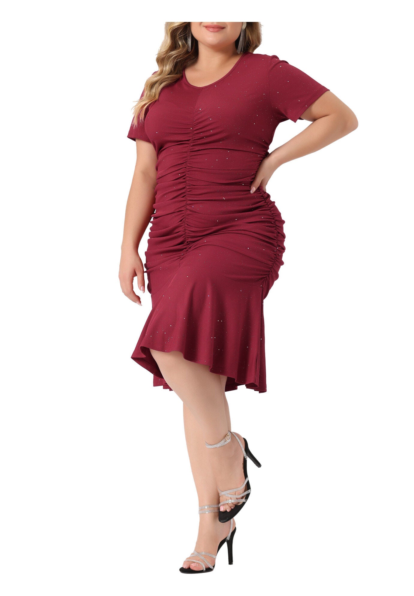V Neck Short Sleeve Sequin Ruched Elegant Party Cocktail Dress, Burgundy / Burgundy, alternate image number 4
