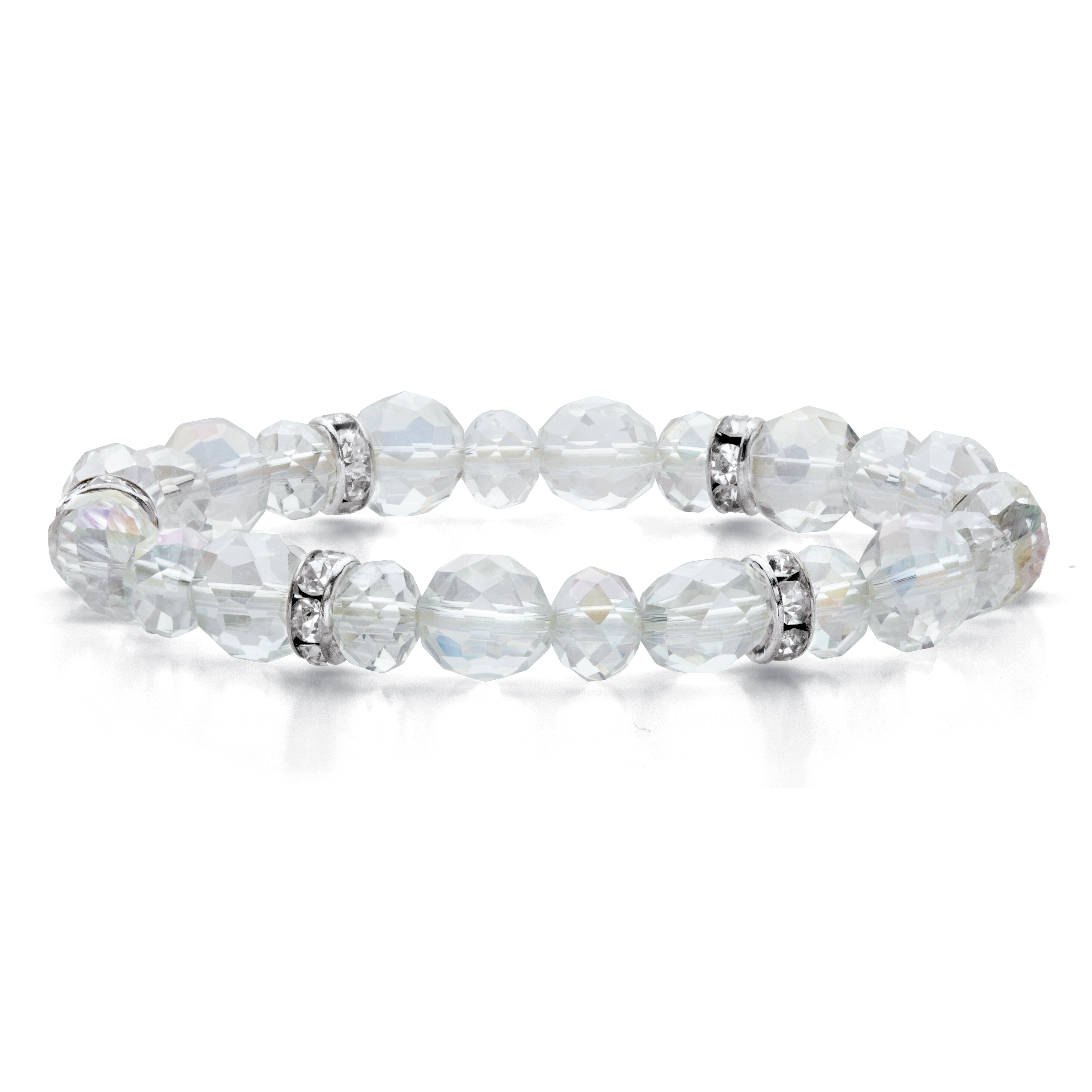Crystal Accent Silvertone Beaded Faceted Stretch Bracelet 7 inches, White / White, hi-res image number 0
