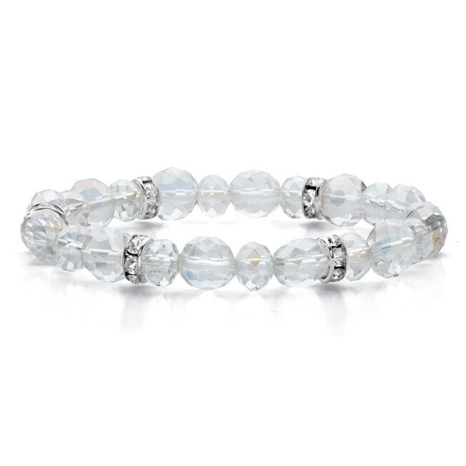 Crystal Accent Silvertone Beaded Faceted Stretch Bracelet 7 inches, White / White, hi-res image number 0