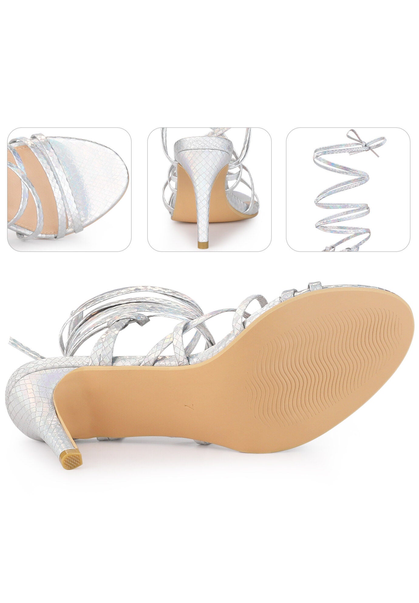 Snakeskin Strappy Lace Up Stiletto Heels Gladiator Sandals, Silver / Silver, alternate image number 2