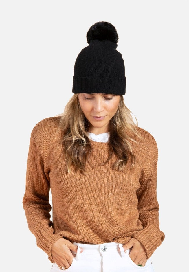 Classic Cashmere Slouch Hat with Faux Fur Pom, Black / Black, alternate image number 3
